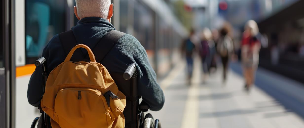 Eine Person im Rollstuhl auf einem Bahnsteig